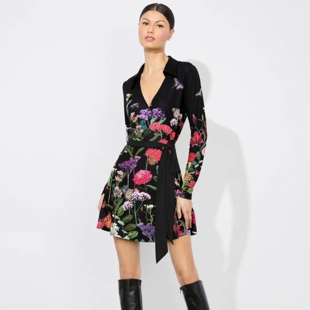 Alice + Olivia Black Floral Mini Dress with Green, Pink & Purple Accents
